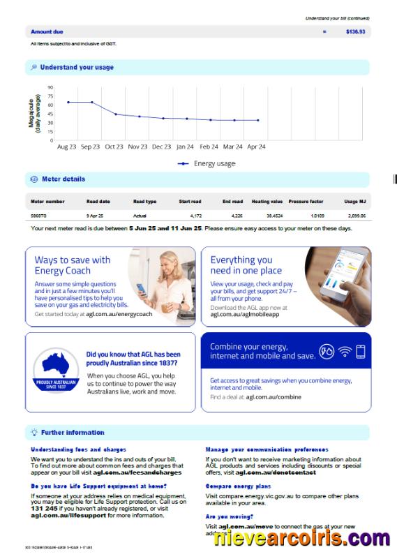 Australia AGL Gas utility bill, 3 pages, 3rd page